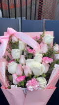 24 rose, carnation, and eucalyptus flat style bouquet